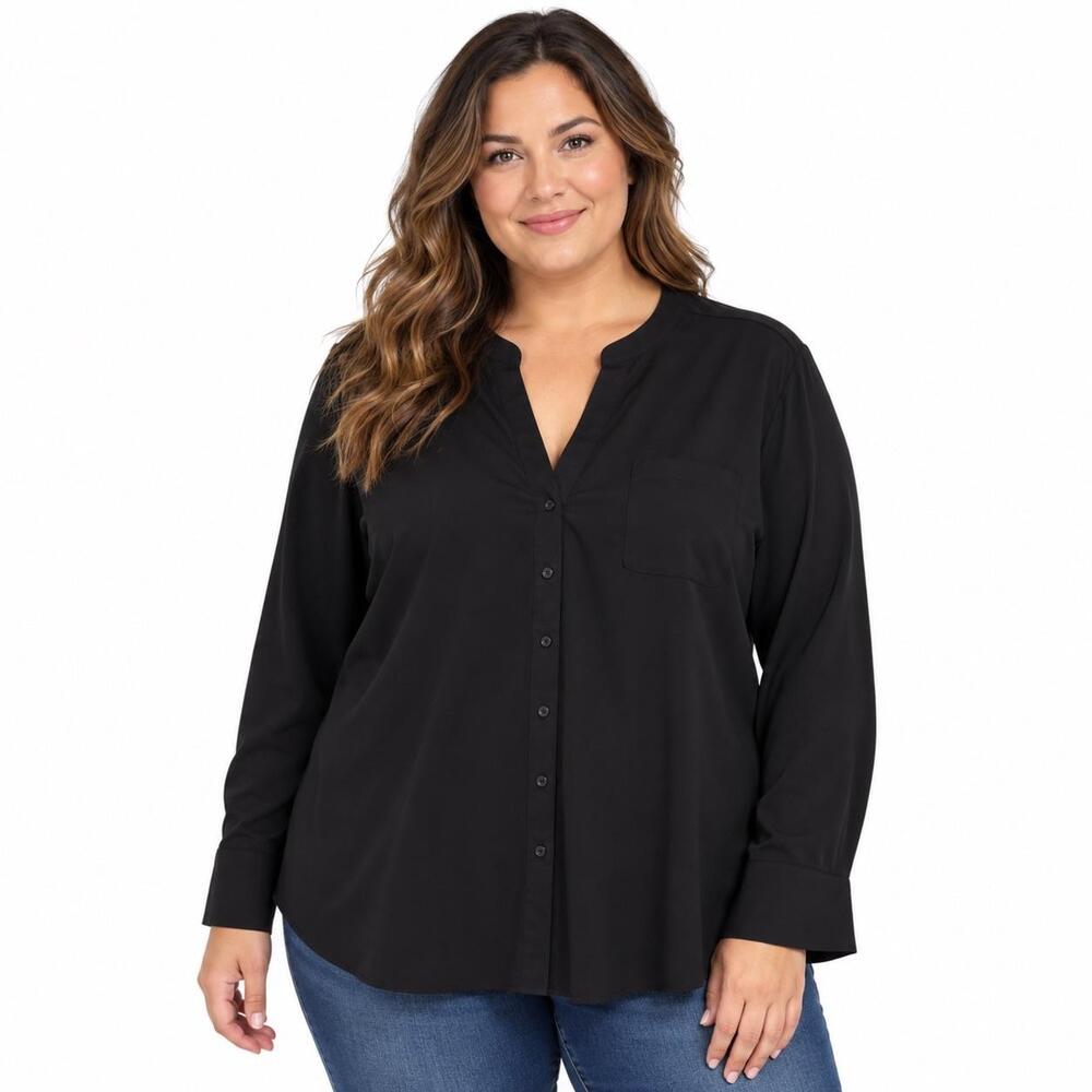 Calvin Klein Blouse Womens 2X Black V Neck Button Front Long Sleeve Top